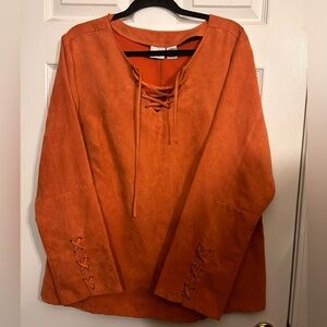 Suede boho long sleeve blouse with lace up details